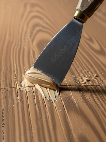 Refinishing a wooden surface with putty and a metal spatula tool