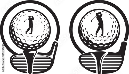 Black and white golf logo design featuring a golfer silhouette and club head