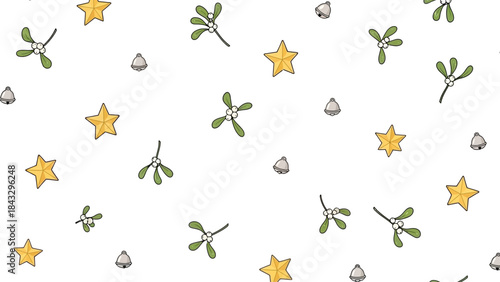 Simple Christmas Seamless Pattern with Mistletoe, Stars, and Bells
