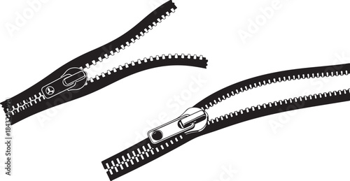A simple, stylized black and white vector graphic illustrating the process of opening and closing a zipper.