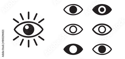 Set of black and white eye icons with a central shining eye symbol, representing vision and sight