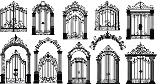 Detailed collection of ornate black metal arched gates and doorways on transparent background