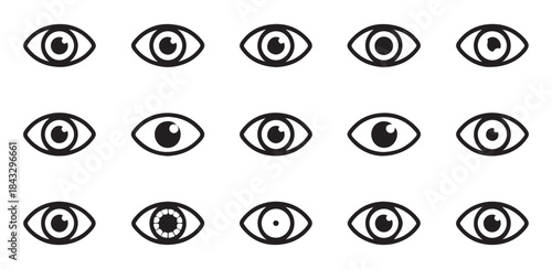 Diverse set of minimalist black and white eye icons depicting various eye shapes and pupil styles