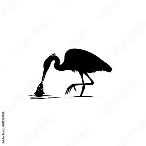 Graceful Heron Bird Catching Fish Silhouette Vector