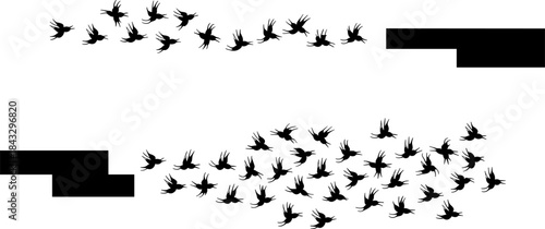 Abstract Flock of Flying Birds Silhouettes Transitioning into Solid Black Shape, Freedom and Movement Vector Graphic Design Elements Set.