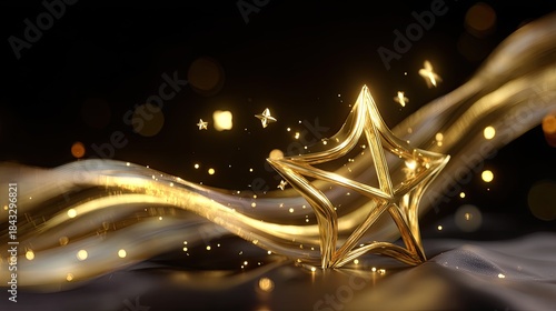 Shimmering golden star surrounded by sparkling lights and flowing ribbons in a dark background for festive and celebratory themes
