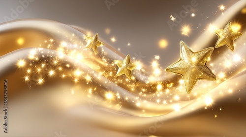 Elegant Gold Stars on Shimmering Satin Fabric with Sparkles and Glimmering Light Effects