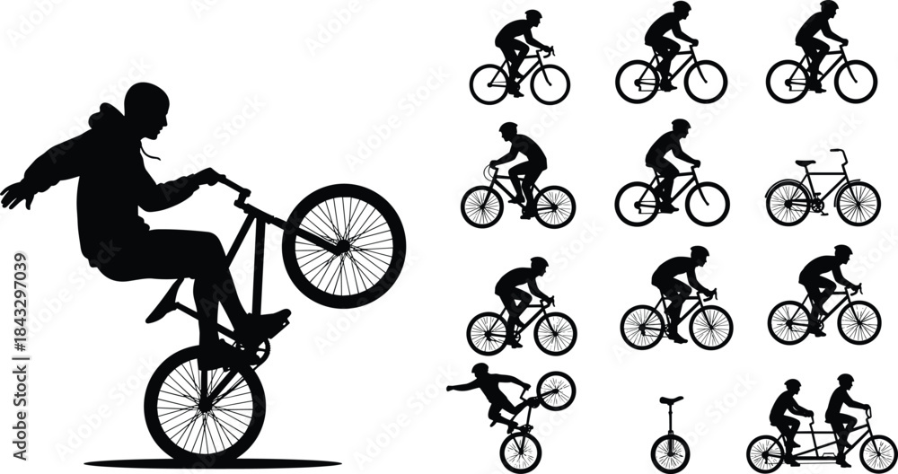 Fototapeta premium Cyclist Silhouette Collection, Set of Different Bicycle Rider Poses, Including BMX Stunt, Racing, Touring, Mountain Bike, Unicycle, and Tandem Bike, Isolated Vector.