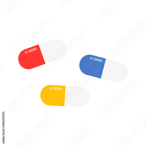 Colorful capsule pill. Healthcare, medicine, disease, treatment, painkiller, vitamin concept. Flat vector design illustration isolated on white background.