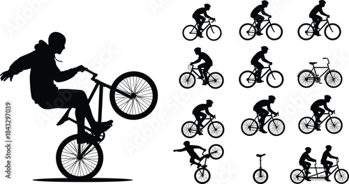 Cyclist Silhouette Collection, Set of Different Bicycle Rider Poses, Including BMX Stunt, Racing, Touring, Mountain Bike, Unicycle, and Tandem Bike, Isolated Vector.