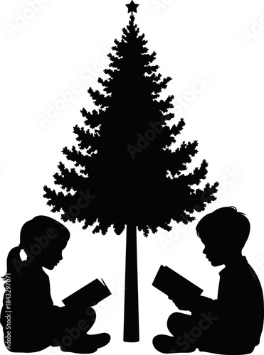 A delightful holiday scene featuring the silhouette of a young boy and girl reading books together beneath a classic, star-topped Christmas tree.