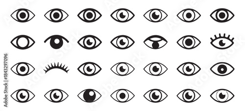 Comprehensive collection of black and white eye icons in various styles, including open, closed, and with lashes
