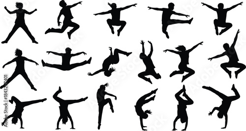 Dynamic and Energetic Collection of People Silhouettes Jumping, Dancing, and Performing Acrobatics, Showing Freedom, Excitement, Childhood Joy, Movement, and Action on a White Background
