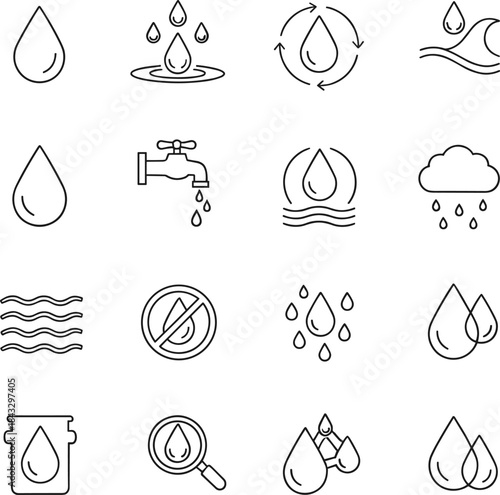 Water and droplet outline icon set featuring waves, rain, filtration, purity, and hydration concepts