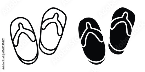 Flip Flop Icon Set. Outline and Solid Sandal Vector Illustration