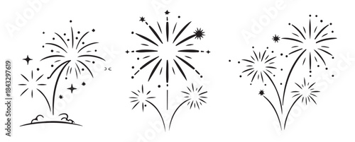 Fireworks black simple line vector icon set. Celebration explosion in sky, festive salute with stars