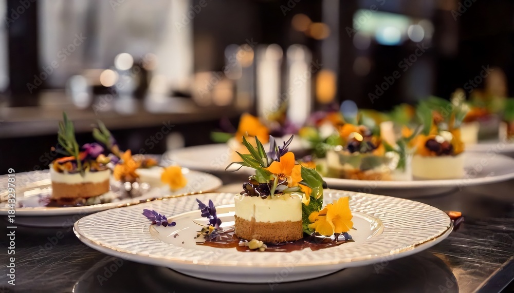 Fototapeta premium Gourmet dessert creations presented on elegant white plates adorned with fresh edible flowers and herbs