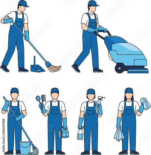 Cleaning staff illustration set featuring janitors using mops, brooms, machines, and cleaning supplies for maintenance and sanitation tasks