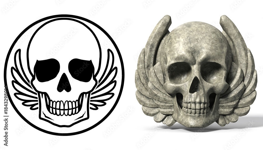 Fototapeta premium Skull with Wings Design and 3D Rendered Skull Emblem.