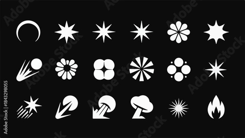Collection of Abstract Geometric Shapes and Icons on Black