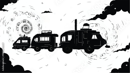 Whimsical caravan journey through a swirling, dreamlike sky with astrological symbols.