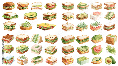 Watercolor illustrations of assorted sandwiches with fresh vegetables, avocado, cheese, and greens. Perfect for food design, menu graphics, cafe branding, and recipe artwork.