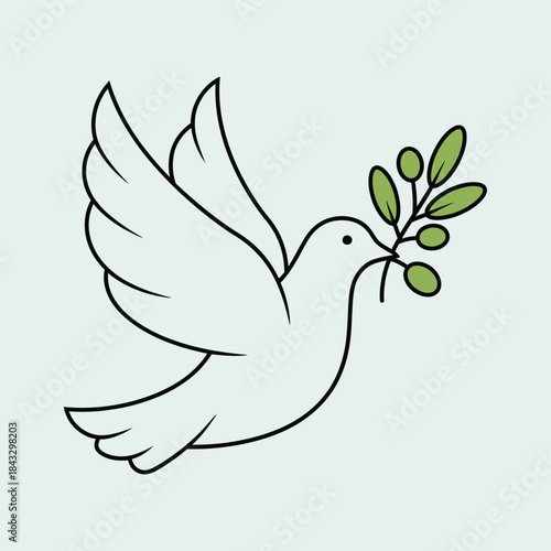 White dove flying with green olive branch in beak.