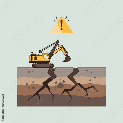 Excavator on cracked ground with warning sign.