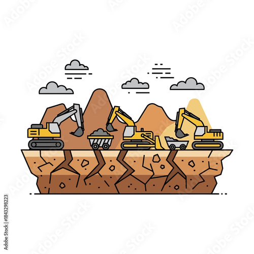 Excavators and dump trucks work in a quarry with cracked earth and hills.