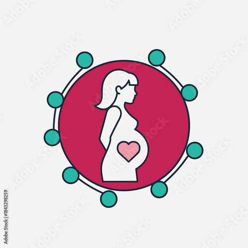 Pregnant woman icon with heart inside her belly and connected circles.