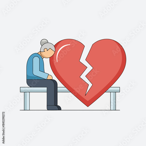 Elderly person sits next to a broken heart on a bench.