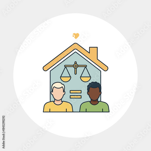 Two people, house, scales of justice, equals sign, heart.
