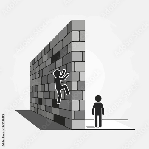 Person climbs brick wall, another person watches.