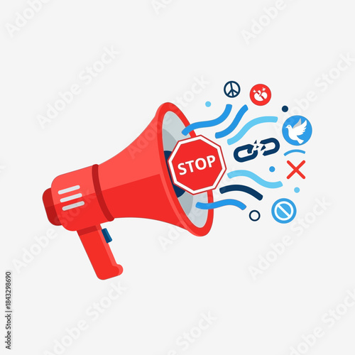 Red megaphone emits stop sign and icons representing peace and prohibition.