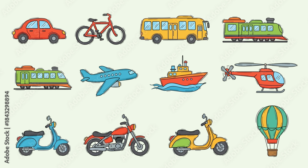 Obraz premium Various Transportation Vehicles: Car Bike Bus Train Airplane Boat Helicopter.