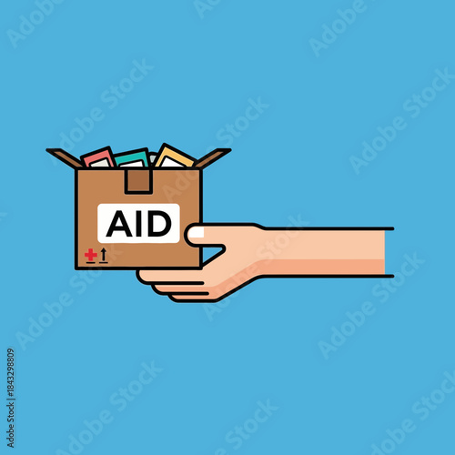 Hand holding a box labeled "AID" with items inside.