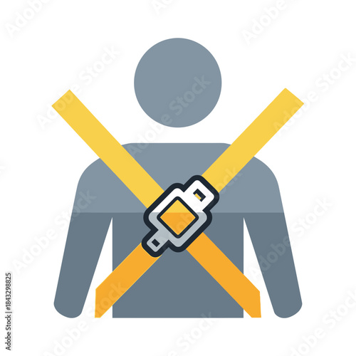 Stylized person wearing a yellow seatbelt across their chest.