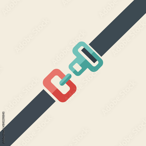 Seatbelt buckle fastened with red and teal parts.