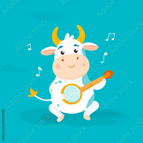 Cartoon cow playing banjo with musical notes on a turquoise background