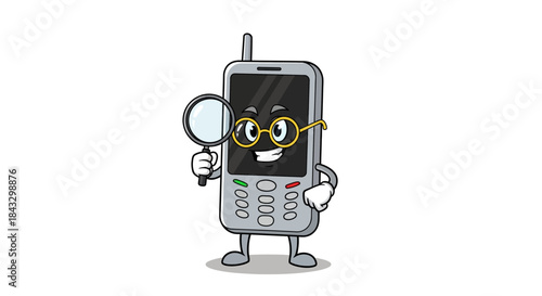 Cartoon Mobile Phone Detective with Magnifying Glass.