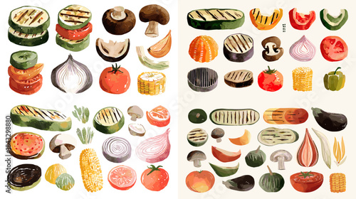 Watercolor illustrations of grilled vegetables including zucchini, mushrooms, tomatoes, onions, peppers, and corn. Great for cooking themes, vegan food design, and recipe artwork.