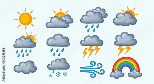 Weather Icons Set: Sunny Cloudy Rainy Snowy Windy Rainbow.