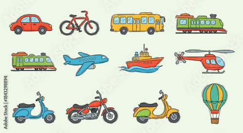 Various Transportation Vehicles: Car Bike Bus Train Airplane Boat Helicopter.