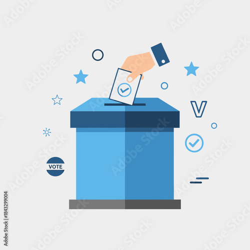 Hand placing ballot into a blue voting box with checkmark.