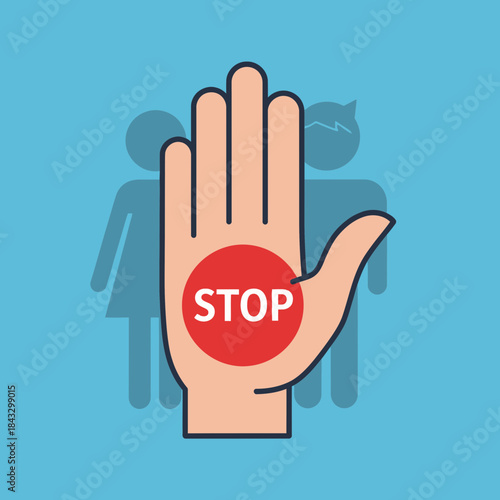 Hand with stop sign and silhouetted figures behind.