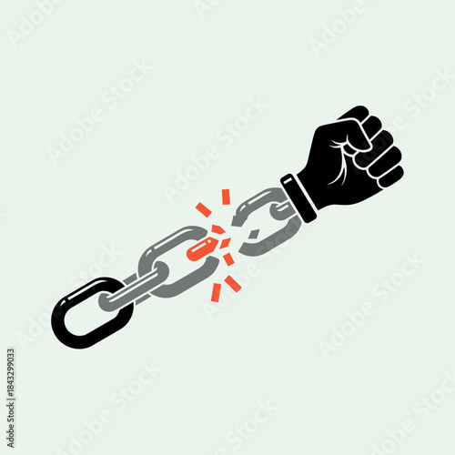 Fist breaking a chain link with fragments flying.