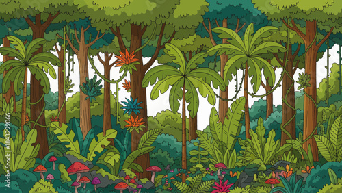 tropical rainforest filled with tall trees, thick vegetation, layered canopies, and rich natural textures creating a humid, vibrant ecosystem full of biodiversity on white isolated background
