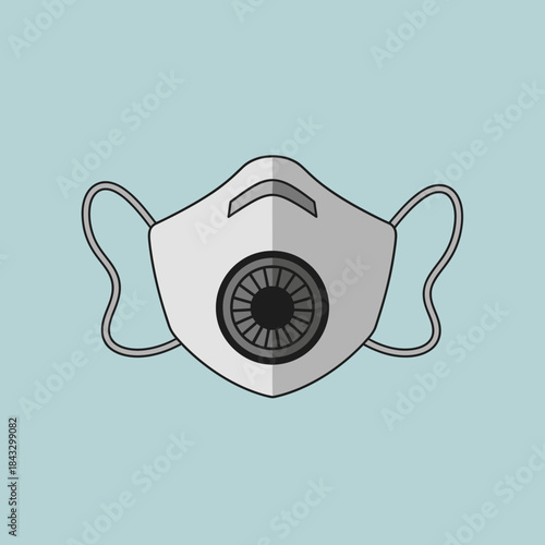 A white respirator mask with a black valve and grey ear straps.