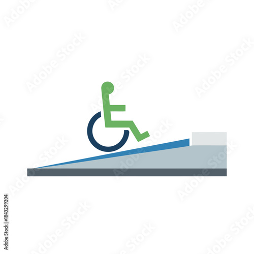 Person in wheelchair on ramp with accessibility symbol.