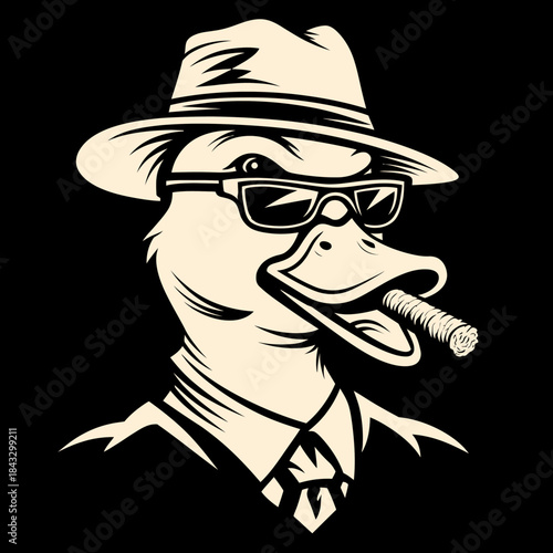 Cartoon duck wearing sunglasses and hat with a cigar on a black background